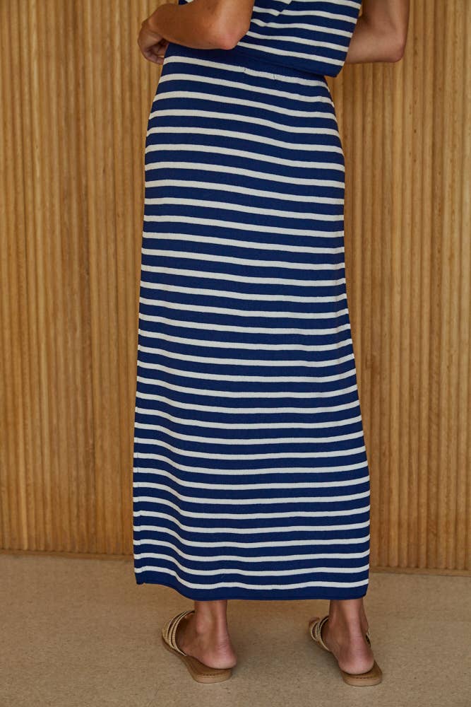 Knit Sweater Viscose Nylon Striped Midi Skirt : Navy Ivory