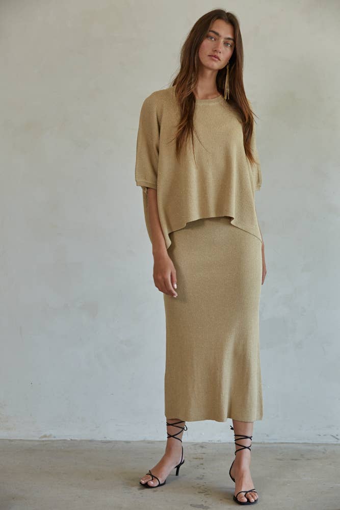 Knit Sweater Ribbed Short Sleeve Pullover Top: Gold