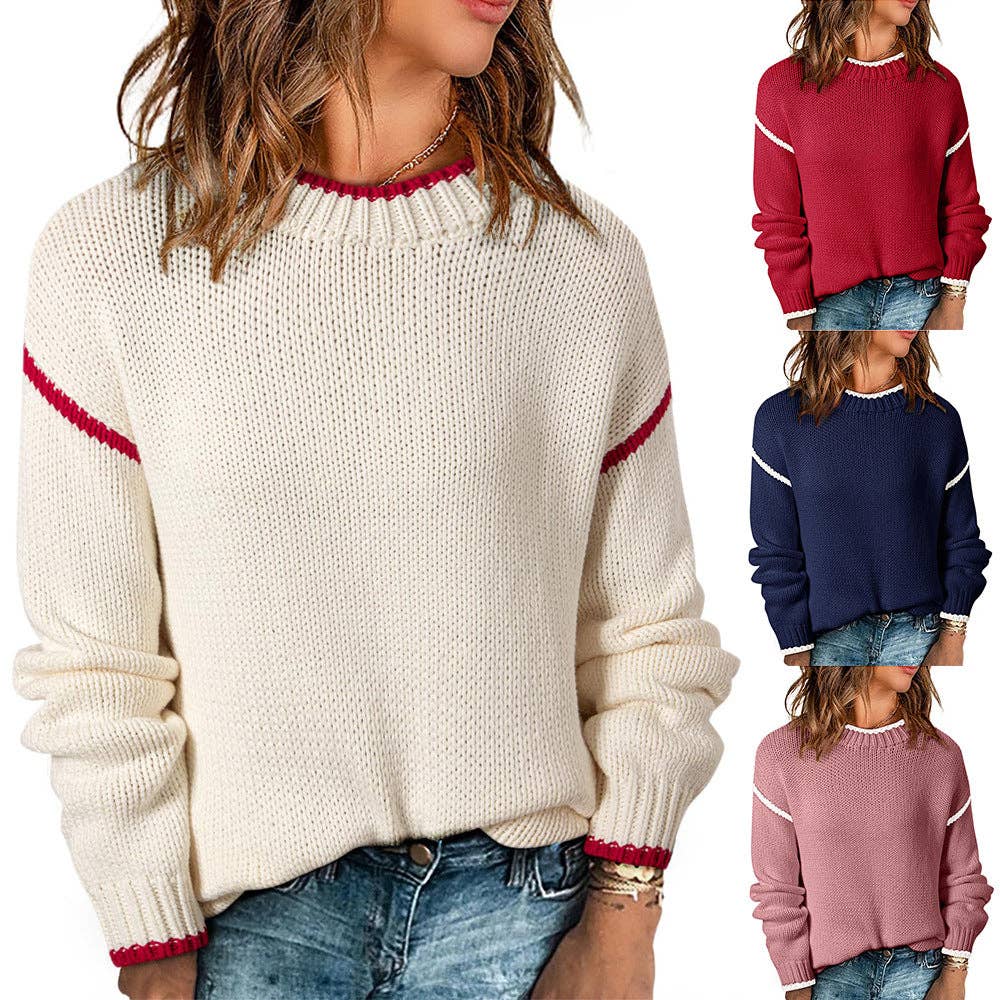 Color Block Knit Sweater, Long Sleeve Pullover Women