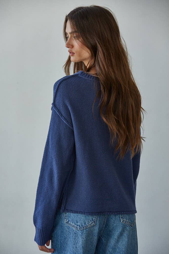Knit Sweater Crew Neck Long Sleeve Pullover Top: Navy