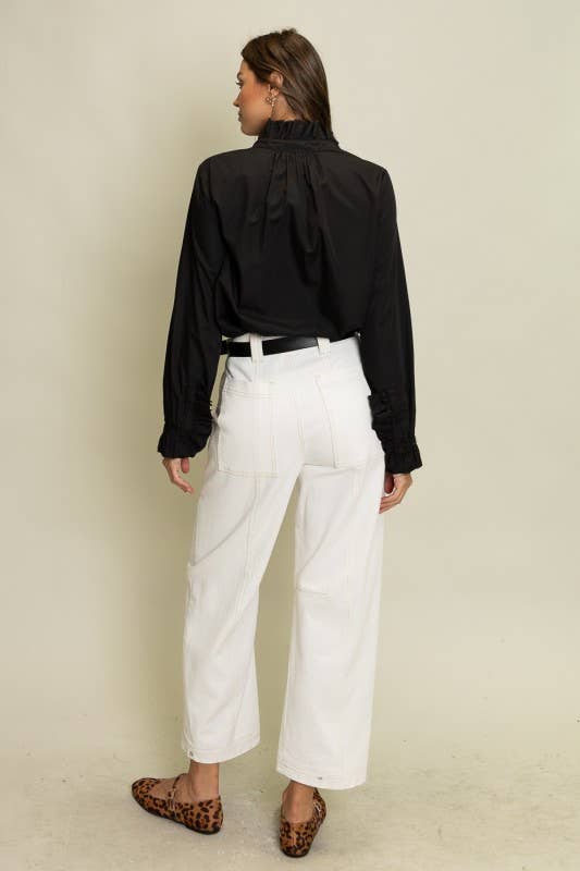 Ruffled Detail Button-Up Blouse: Black