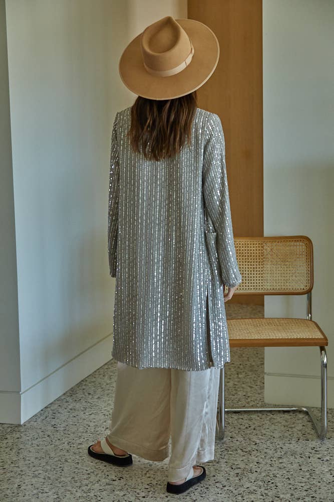 Woven Sequin Open Front Long Sleeve Cardigan: Dove Grey