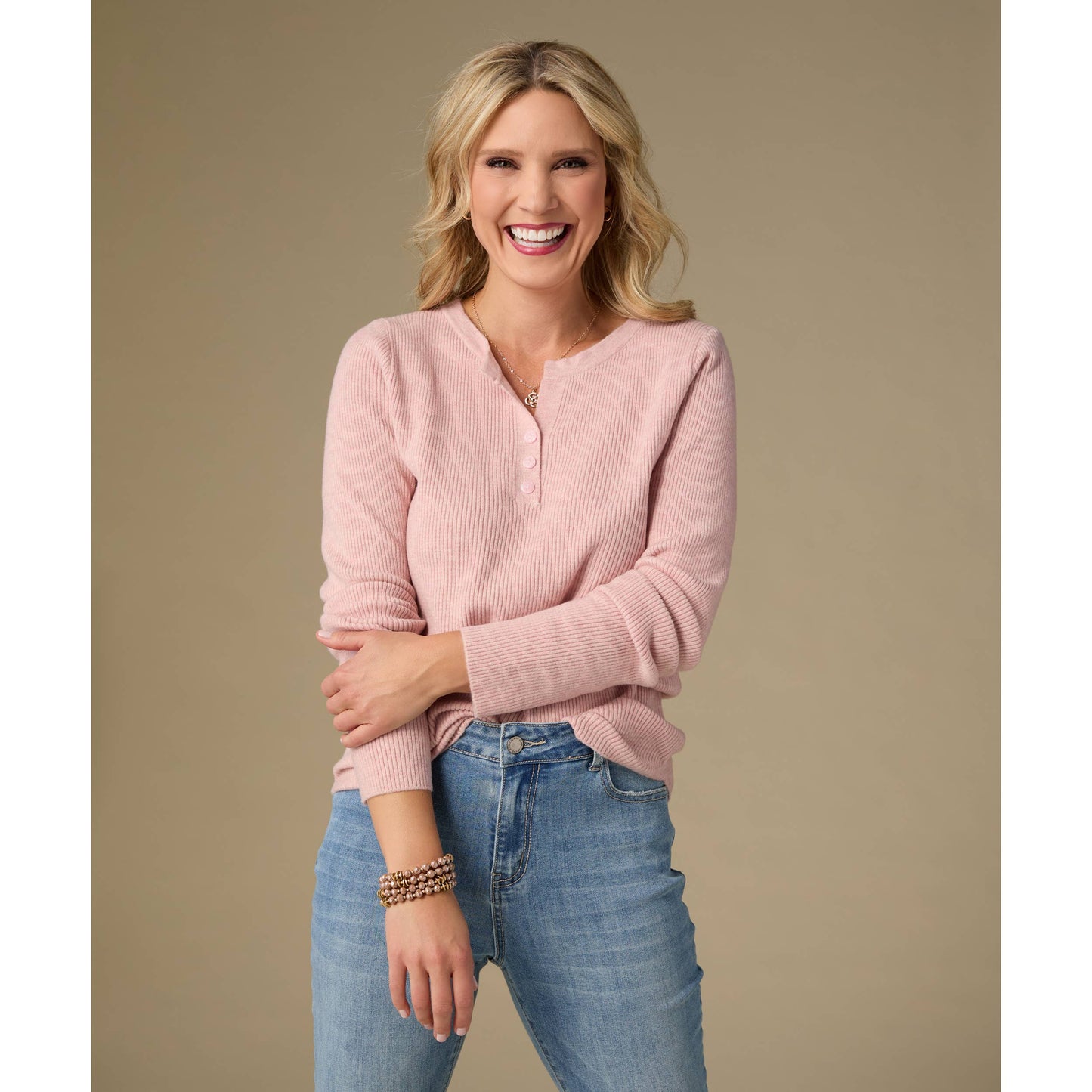 Kym Soft Henley Top with Buttons - Fall: Dusty Rose Heather