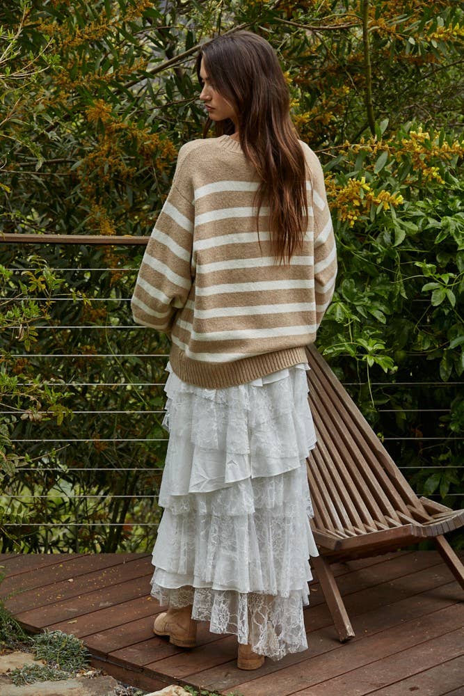 W1050 | Knit Oversized Striped Sweater Top: Mocha Ivory / Small
