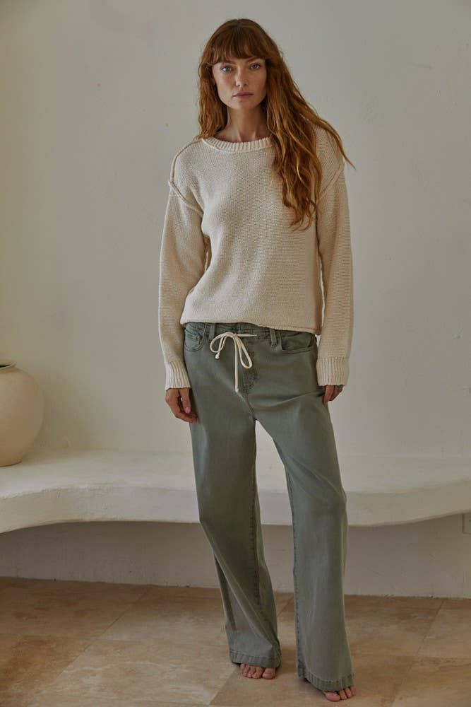W1155 | Knit Sweater Crew Neck Long Sleeve Pullover Top: Ivory