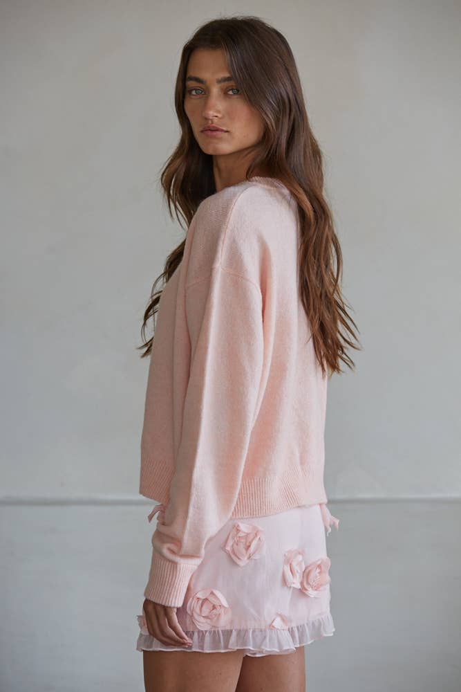 Crew Neck Cardigan : Light Pink