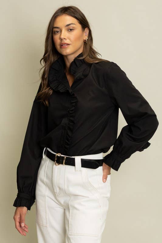 Ruffled Detail Button-Up Blouse: Black