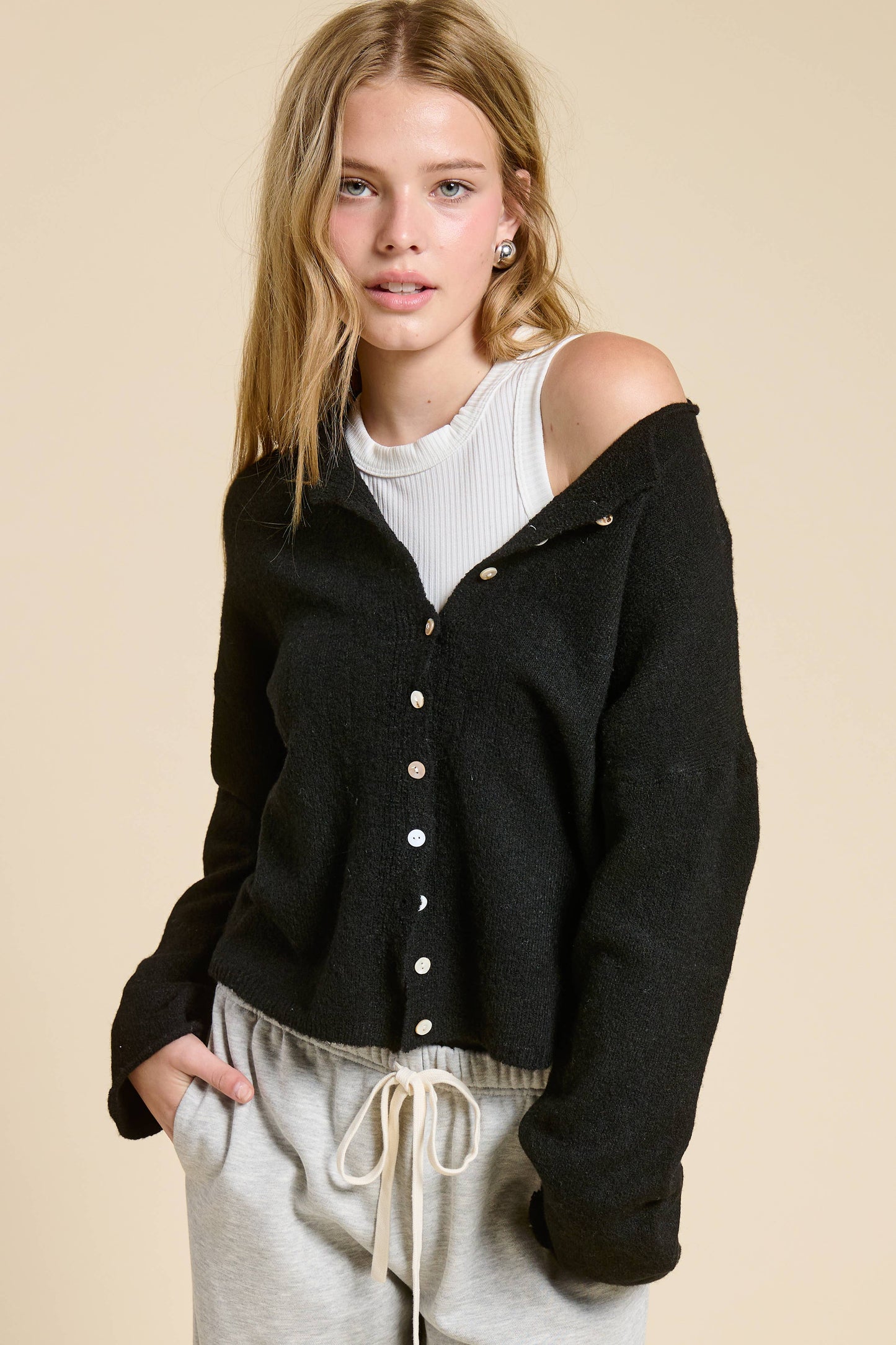 Essential Button Down Cardigan Top: Black