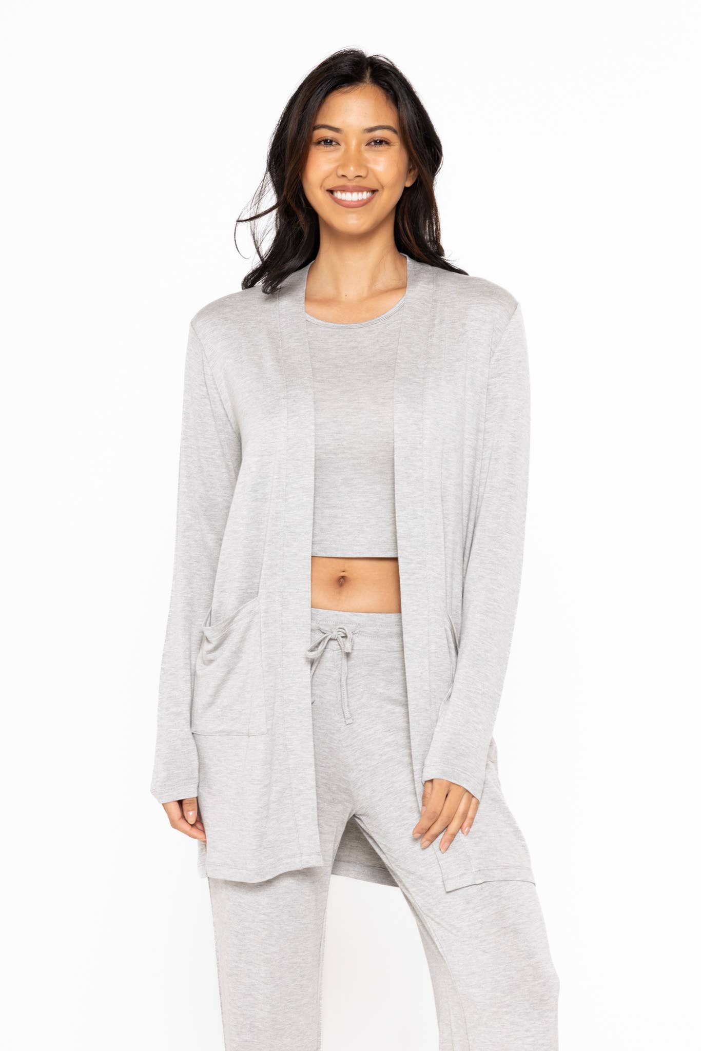 Lounge Open-Front Terry Cardigan: HEATHER GREY