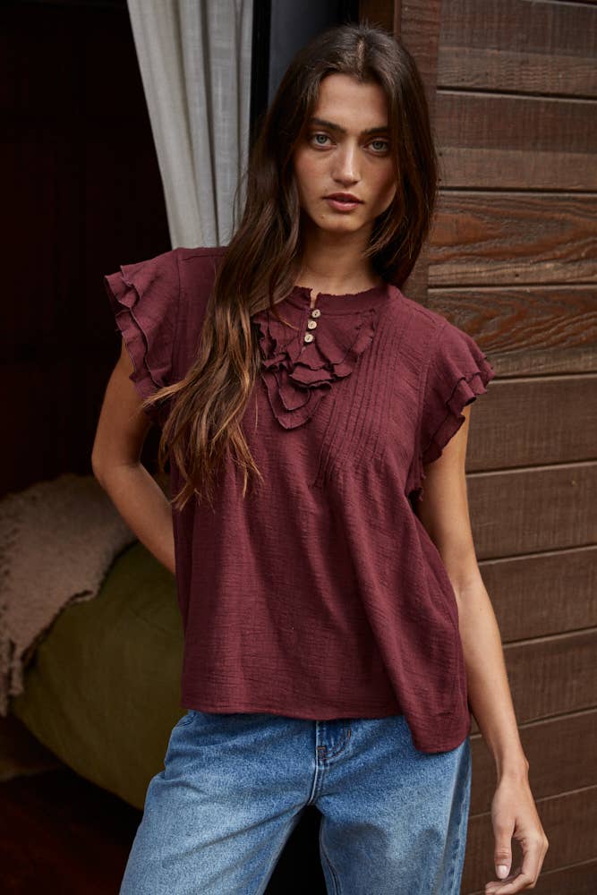 Woven Cotton Linen Button V-Neck Short Sleeve Top: Wine