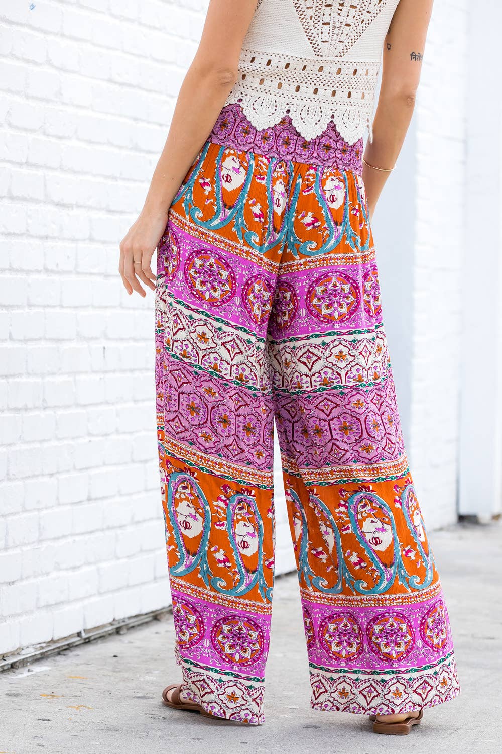 BOHO SMOCKING WAIST WIDE LEG PANTS: PINK/CLAY