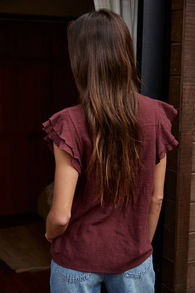 Woven Cotton Linen Button V-Neck Short Sleeve Top: Wine