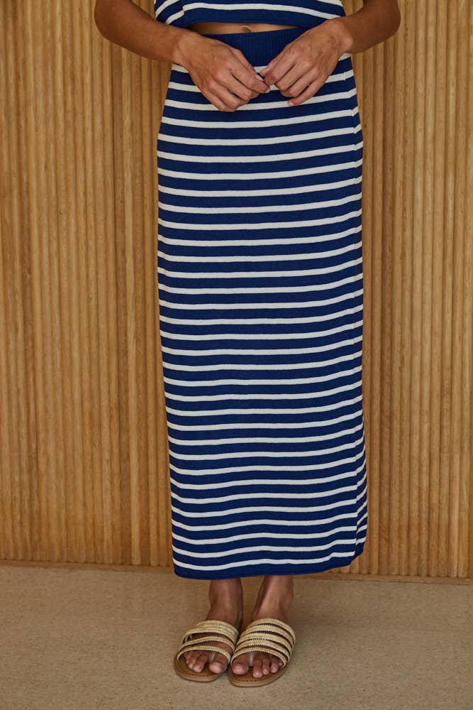 Knit Sweater Viscose Nylon Striped Midi Skirt : Navy Ivory