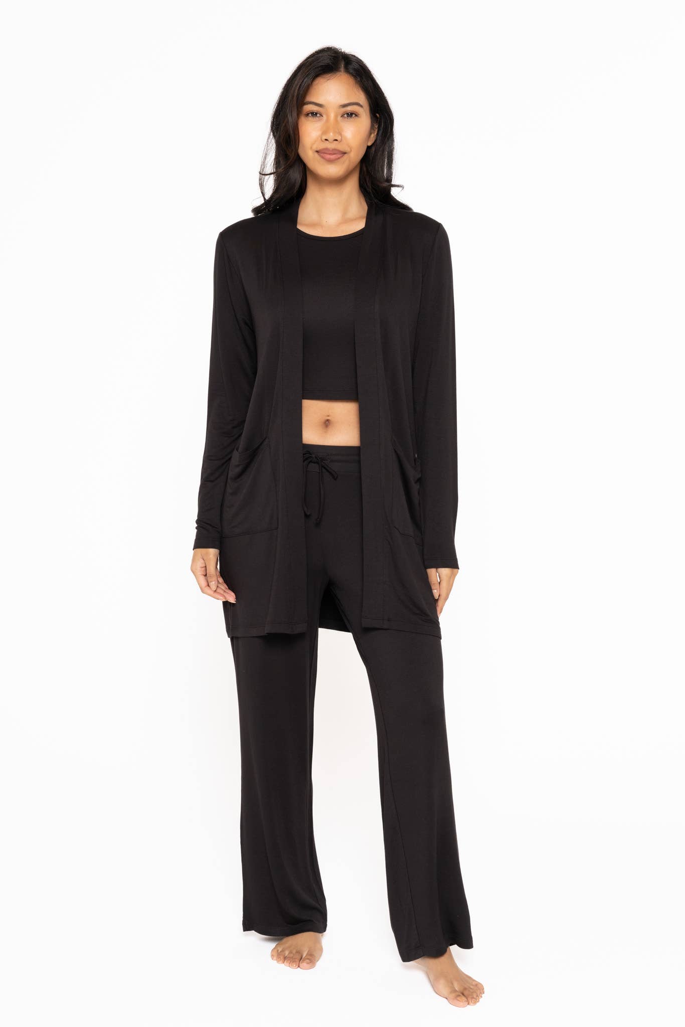 Lounge Open-Front Terry Cardigan: Black
