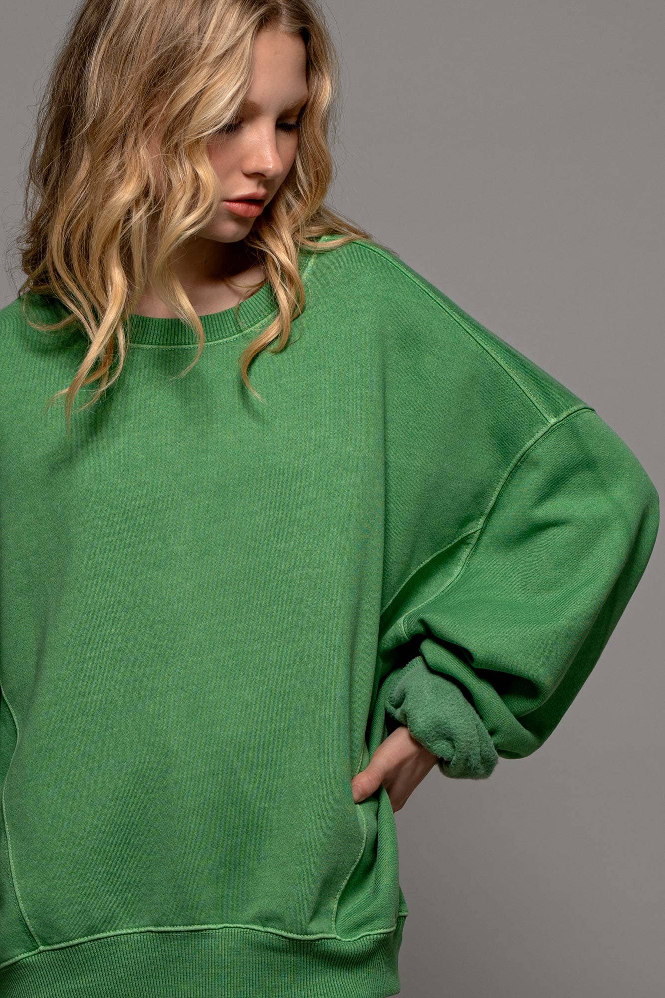 Crew Neck Comfort Washed Organic Cotton Spring Sweatshirt.: GREEN