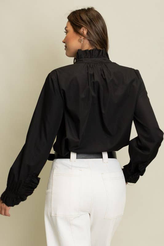 Ruffled Detail Button-Up Blouse: Black