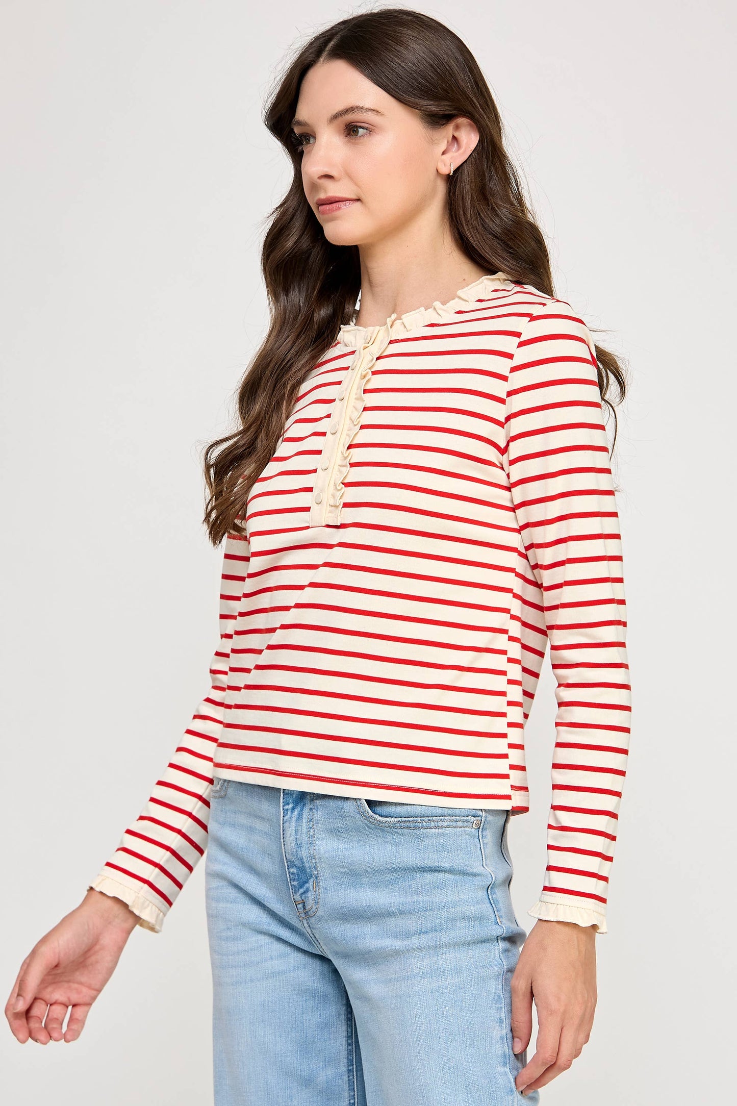 TT-10481-6 RUFFLE DETAIL STRIPED HENLEY TOP-CREAM RED