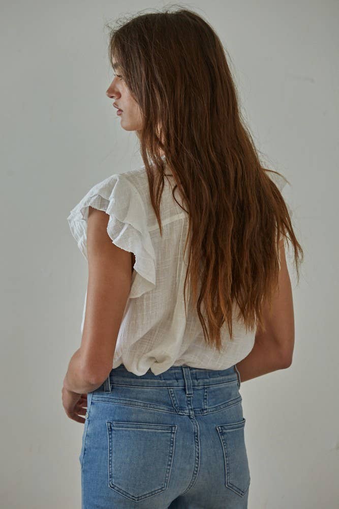 Woven Cotton Linen Button V-Neck Short Sleeve Top: Wine