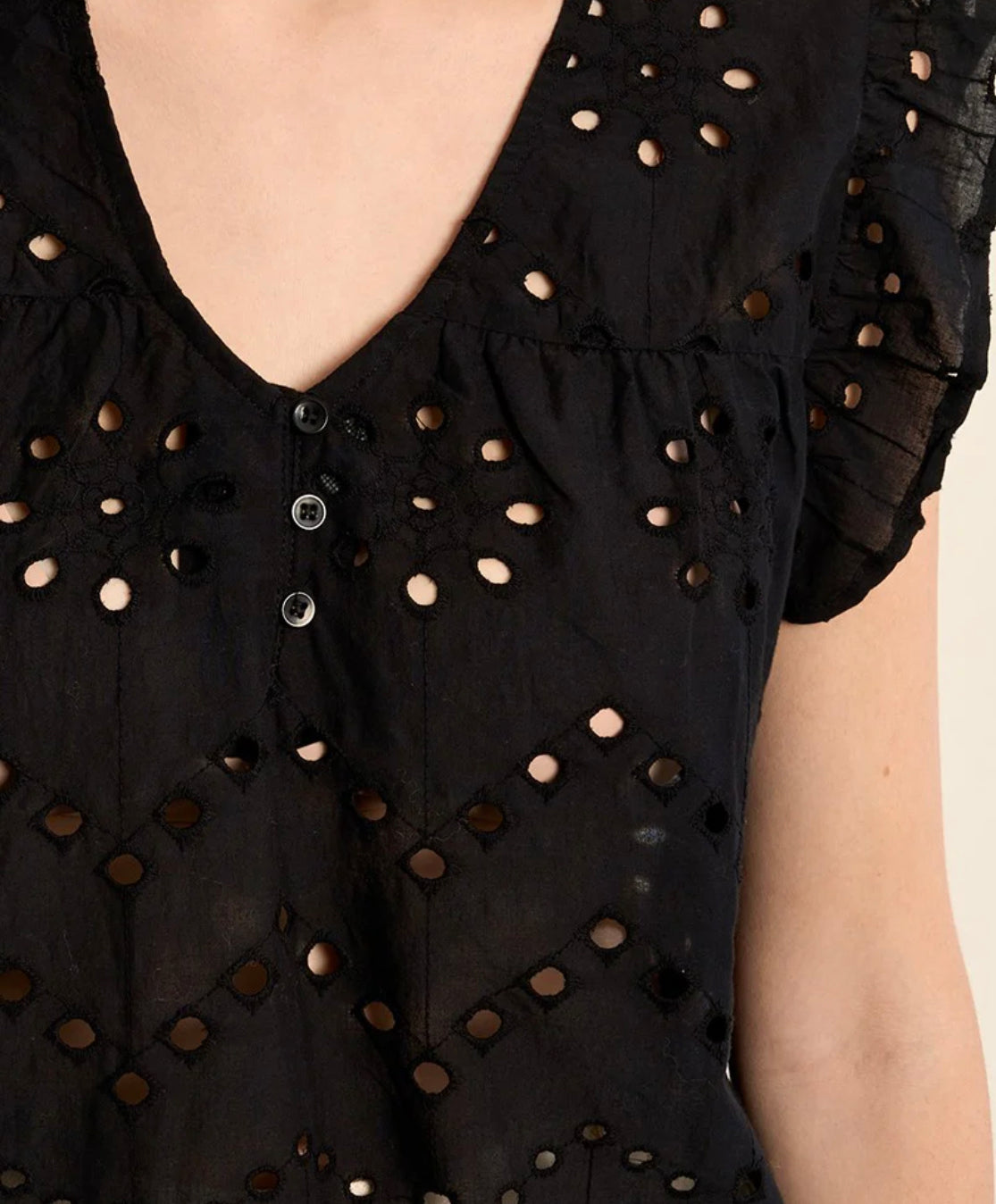 Cotton top, openwork embroidery : Black