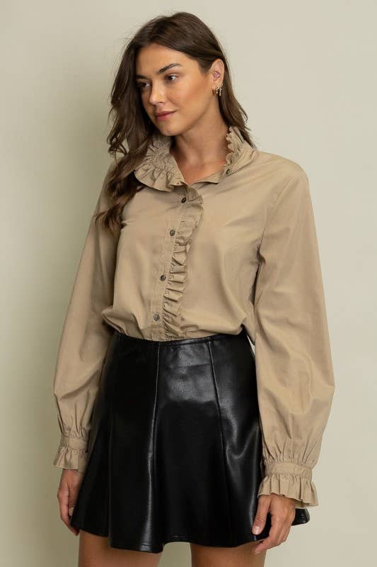 Ruffled Detail Button-Up Blouse: SAND BEIGE