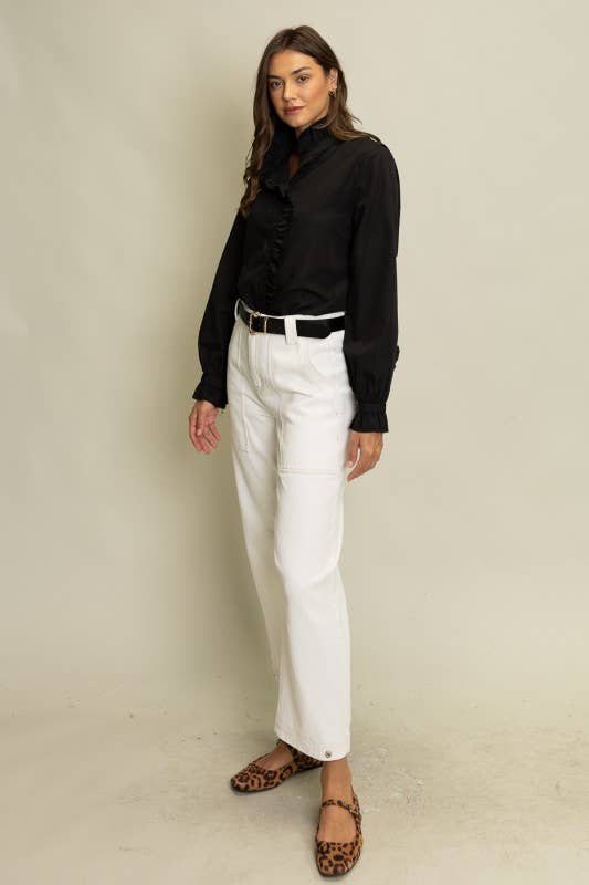 Ruffled Detail Button-Up Blouse: Black