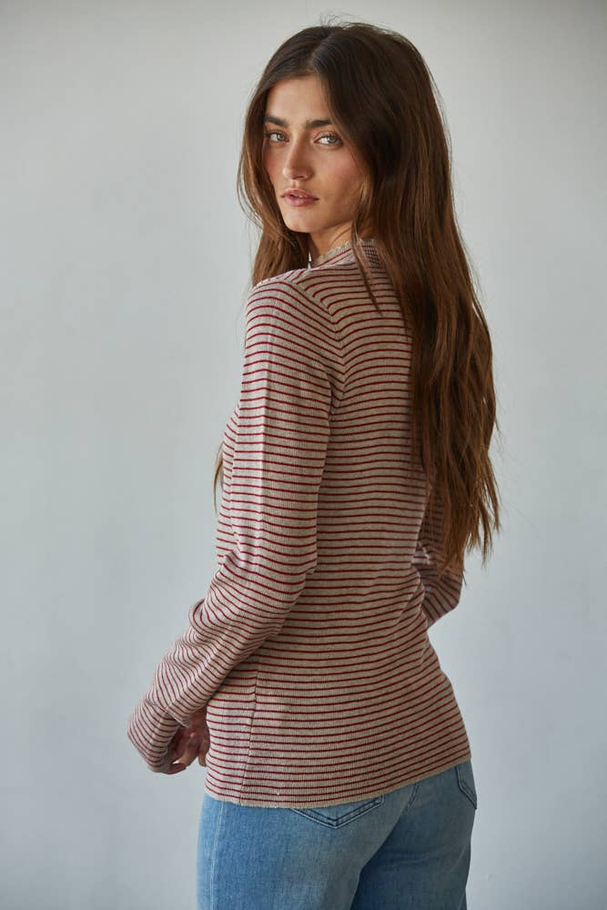 Knit Sweater Striped Mock Neck Long Sleeve Top: Taupe Red
