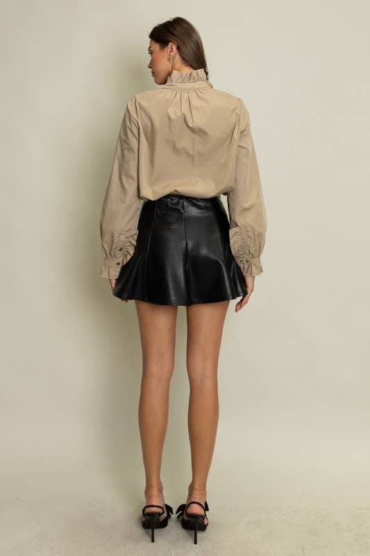 Ruffled Detail Button-Up Blouse: SAND BEIGE