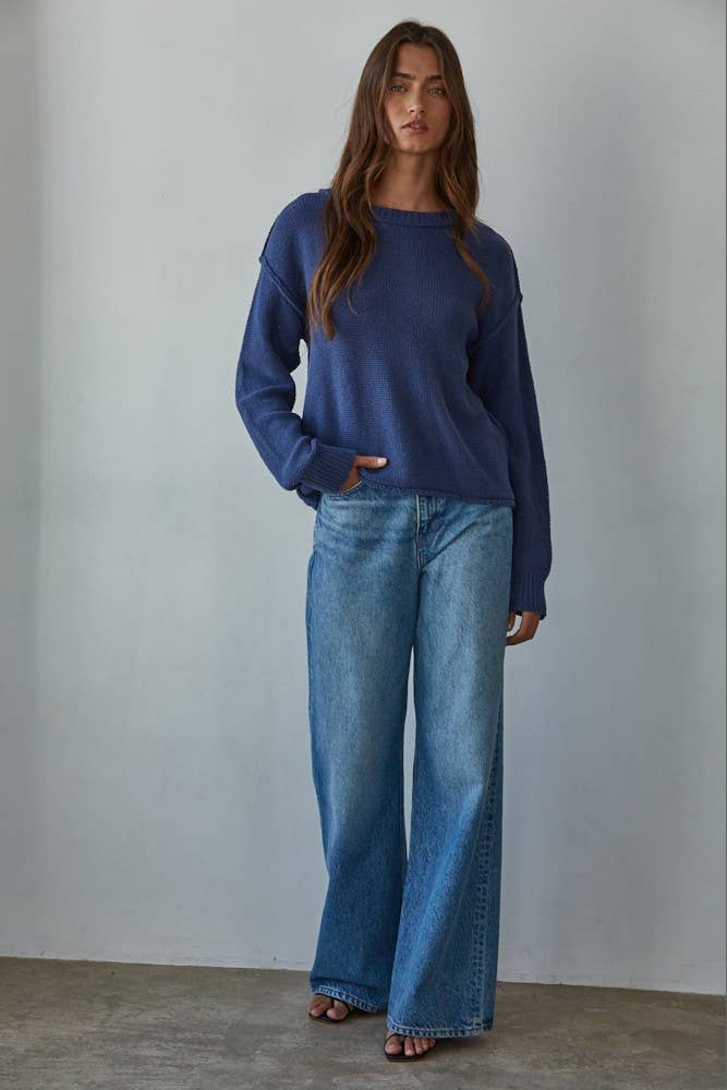 Knit Sweater Crew Neck Long Sleeve Pullover Top: Navy