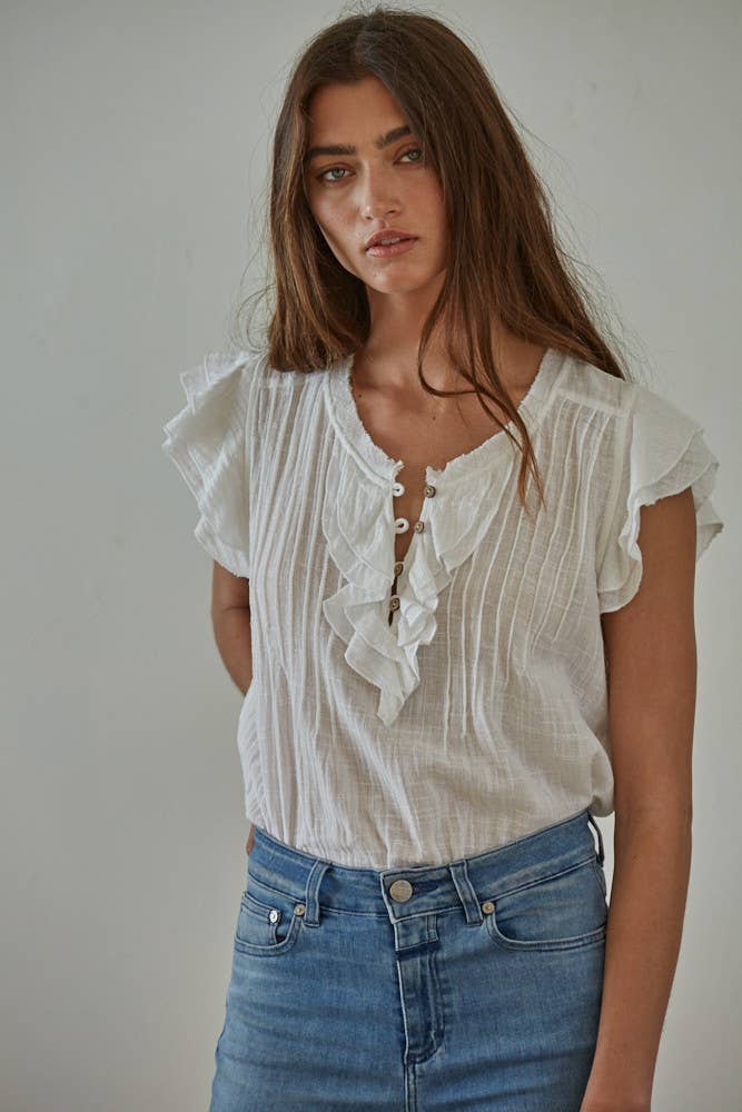 Woven Cotton Linen Button V-Neck Short Sleeve Top: Wine