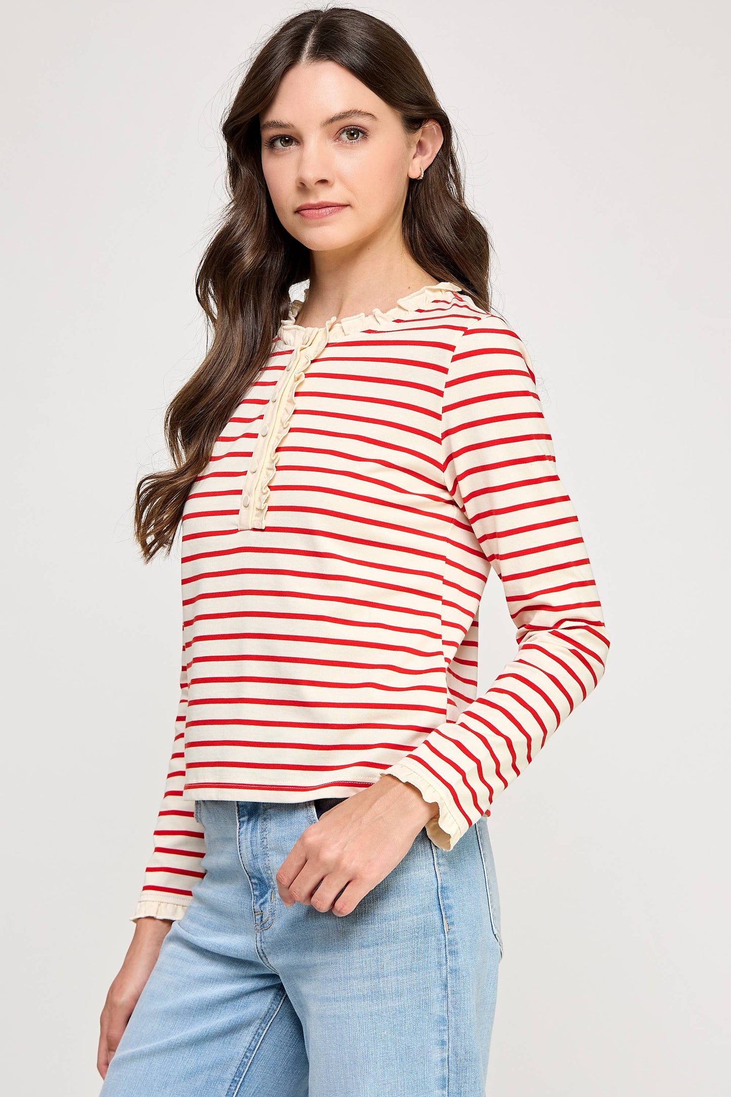 TT-10481-6 RUFFLE DETAIL STRIPED HENLEY TOP-CREAM RED