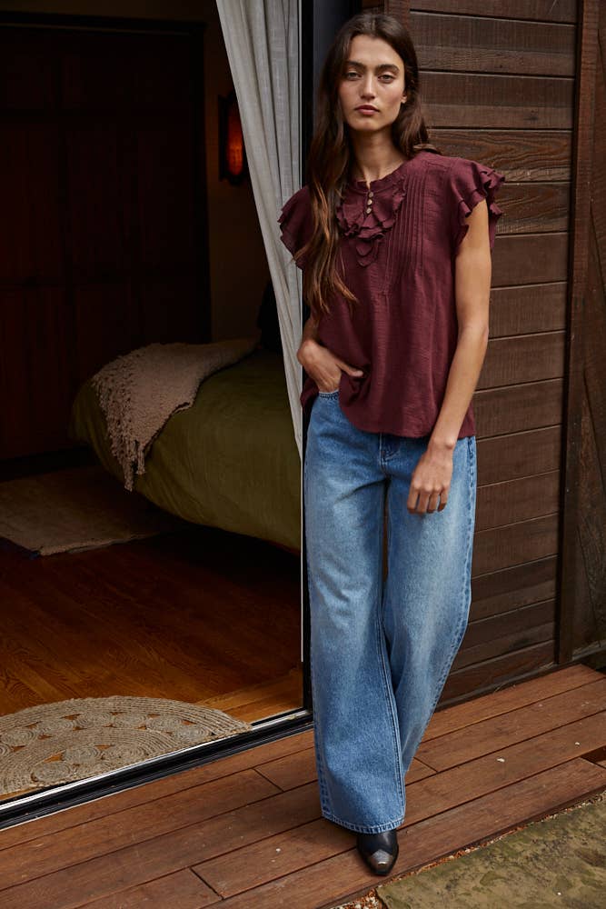 Woven Cotton Linen Button V-Neck Short Sleeve Top: Wine