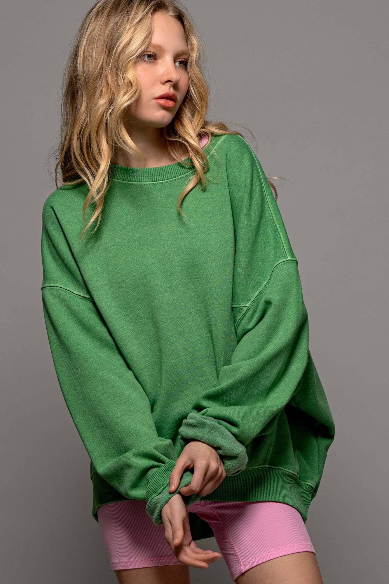 Crew Neck Comfort Washed Organic Cotton Spring Sweatshirt.: GREEN