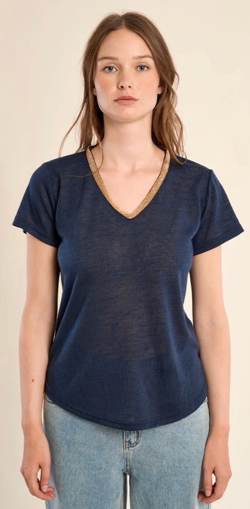 Navy Blue V neck with Gold