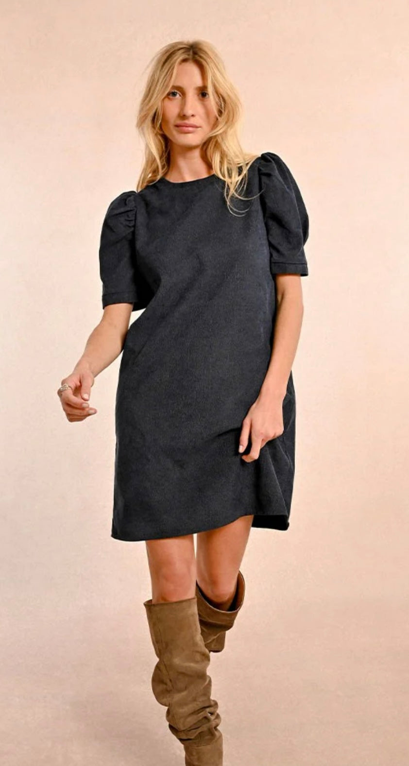 Short Corduroy Dress with Balloon Sleeves