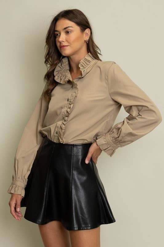 Ruffled Detail Button-Up Blouse: SAND BEIGE