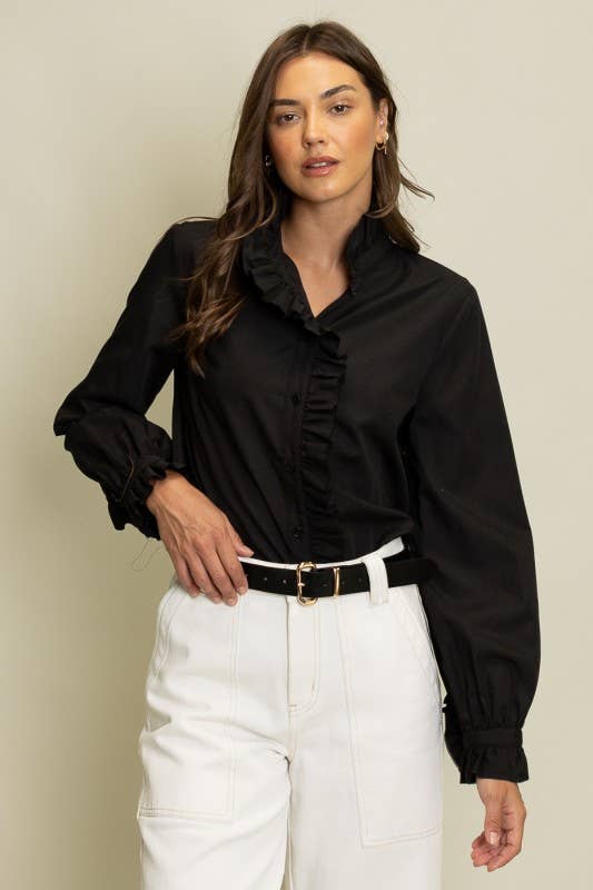 Ruffled Detail Button-Up Blouse: Black