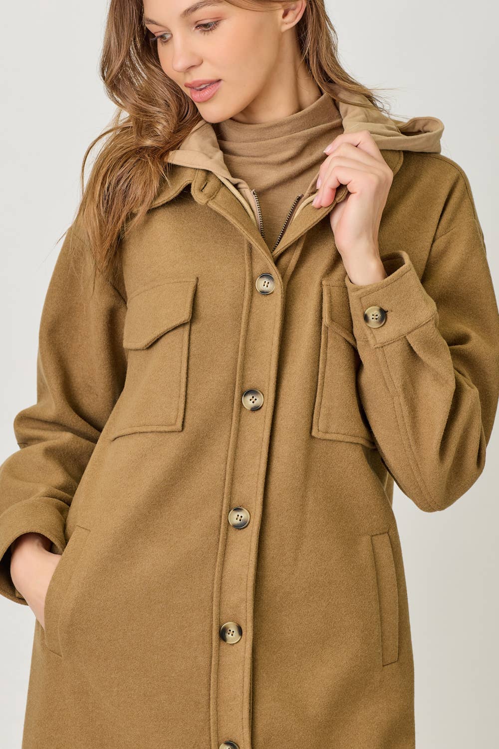 Twofer Hoodie Solid Coat: Camel