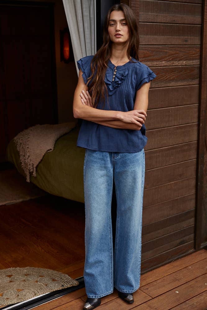 Woven Cotton Linen Button V-Neck Short Sleeve Top: Wine