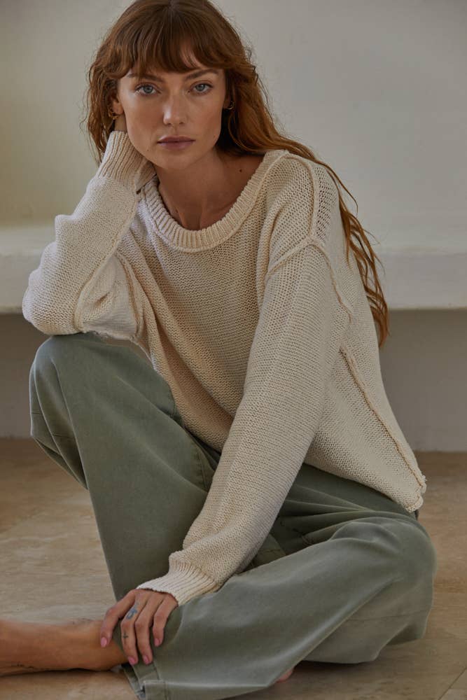 W1155 | Knit Sweater Crew Neck Long Sleeve Pullover Top: Ivory