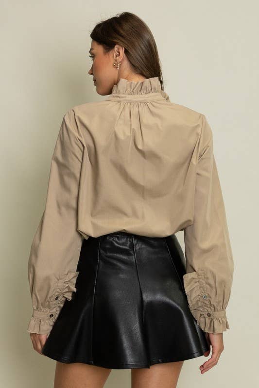 Ruffled Detail Button-Up Blouse: SAND BEIGE