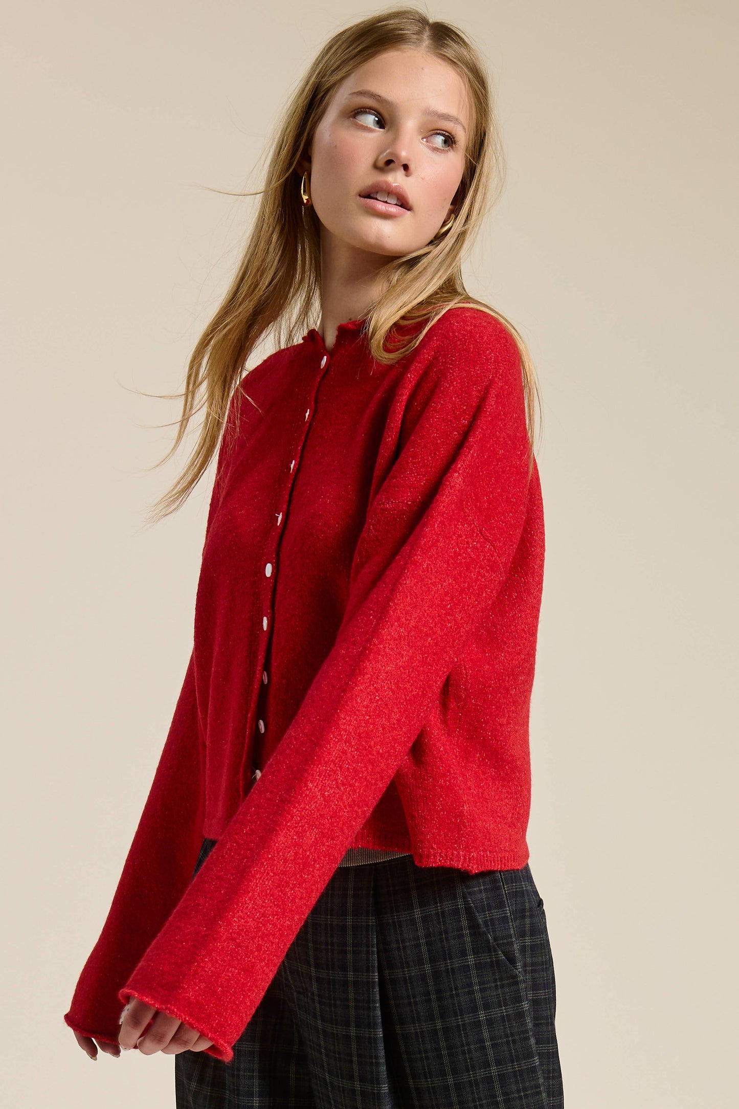 Essential Button Down Cardigan Top: Red