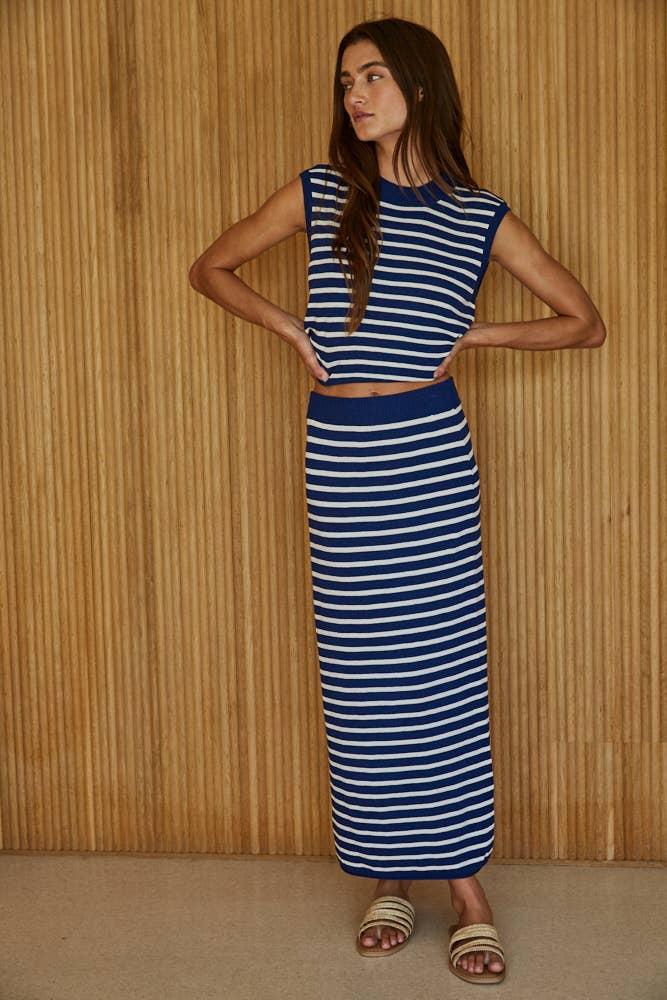 Knit Sweater Viscose Nylon Striped Midi Skirt : Navy Ivory