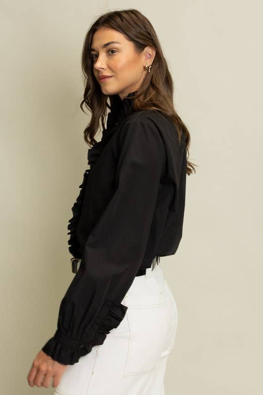 Ruffled Detail Button-Up Blouse: Black