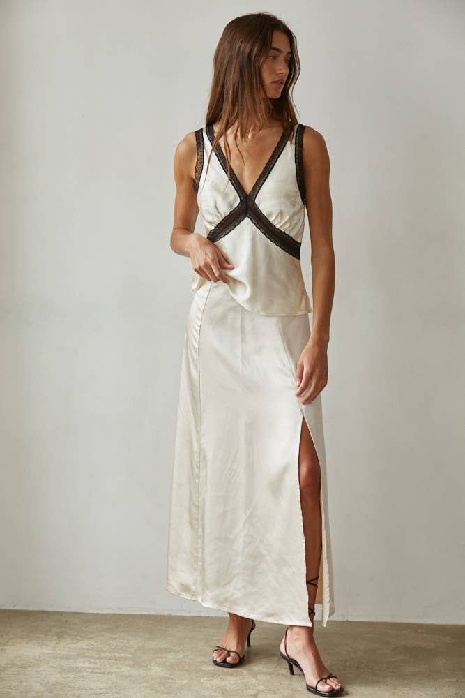 Woven Satin Contrast Lace Trim Detail Sleeveless Top: Pearl