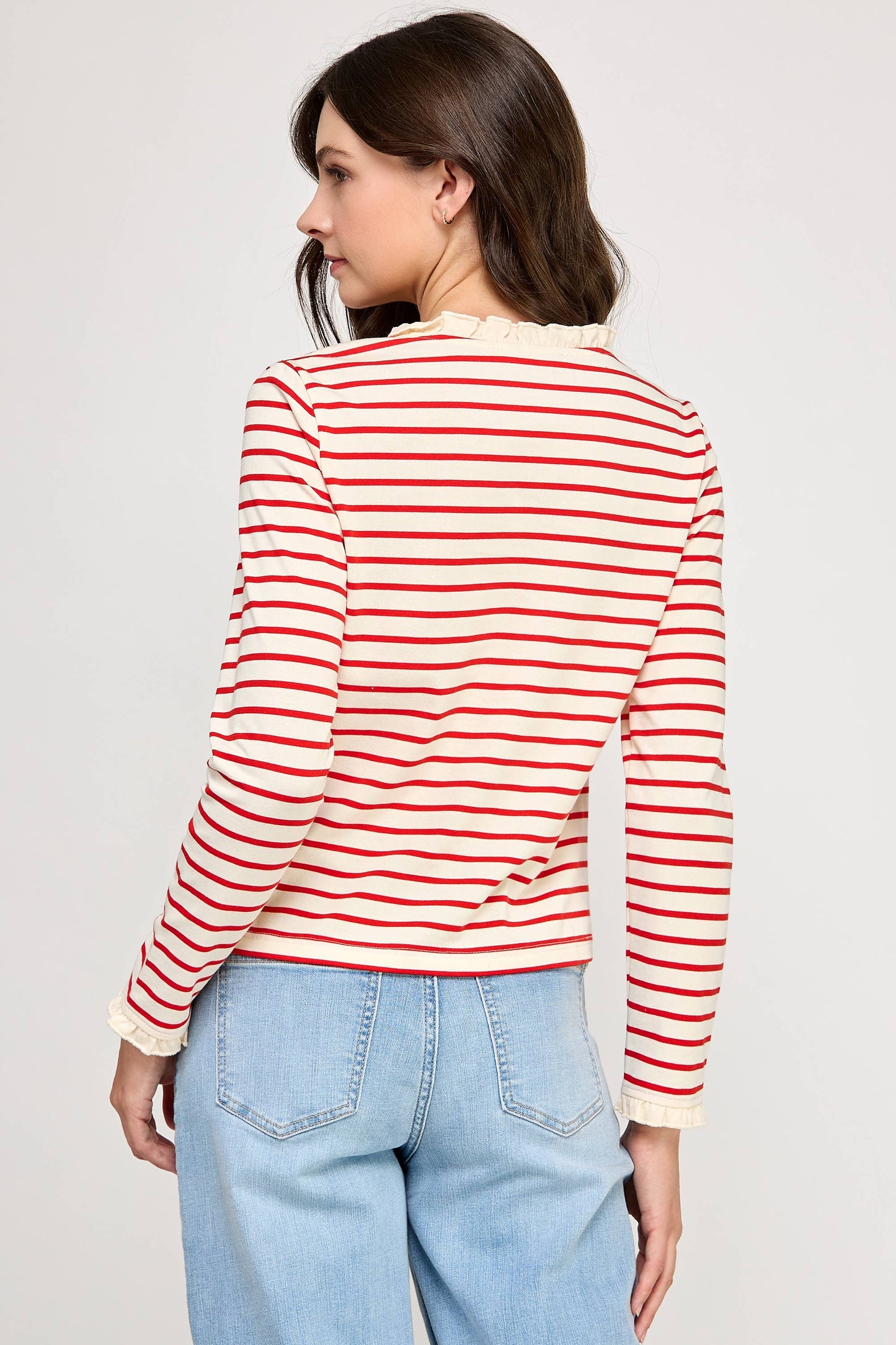 TT-10481-6 RUFFLE DETAIL STRIPED HENLEY TOP-CREAM RED