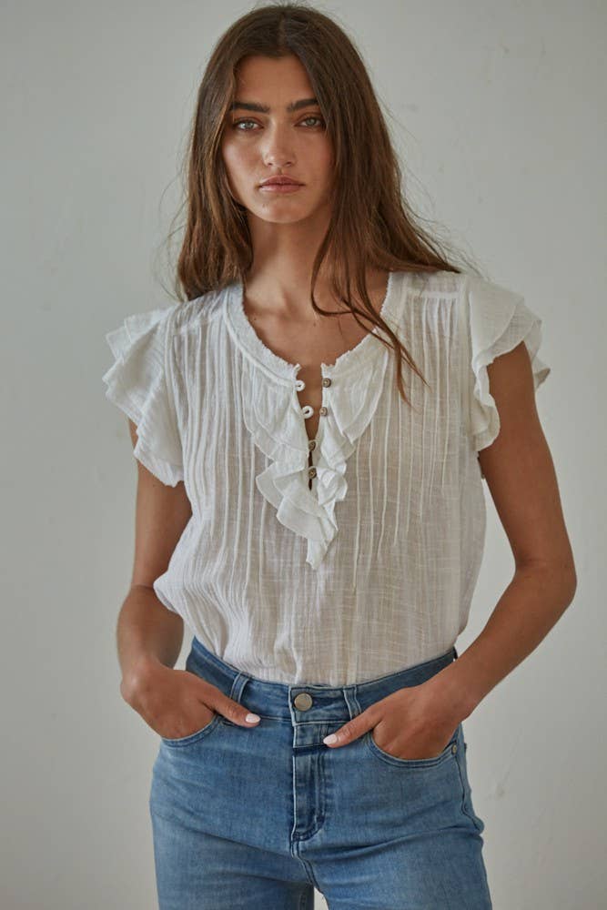 Woven Cotton Linen Button V-Neck Short Sleeve Top: Wine