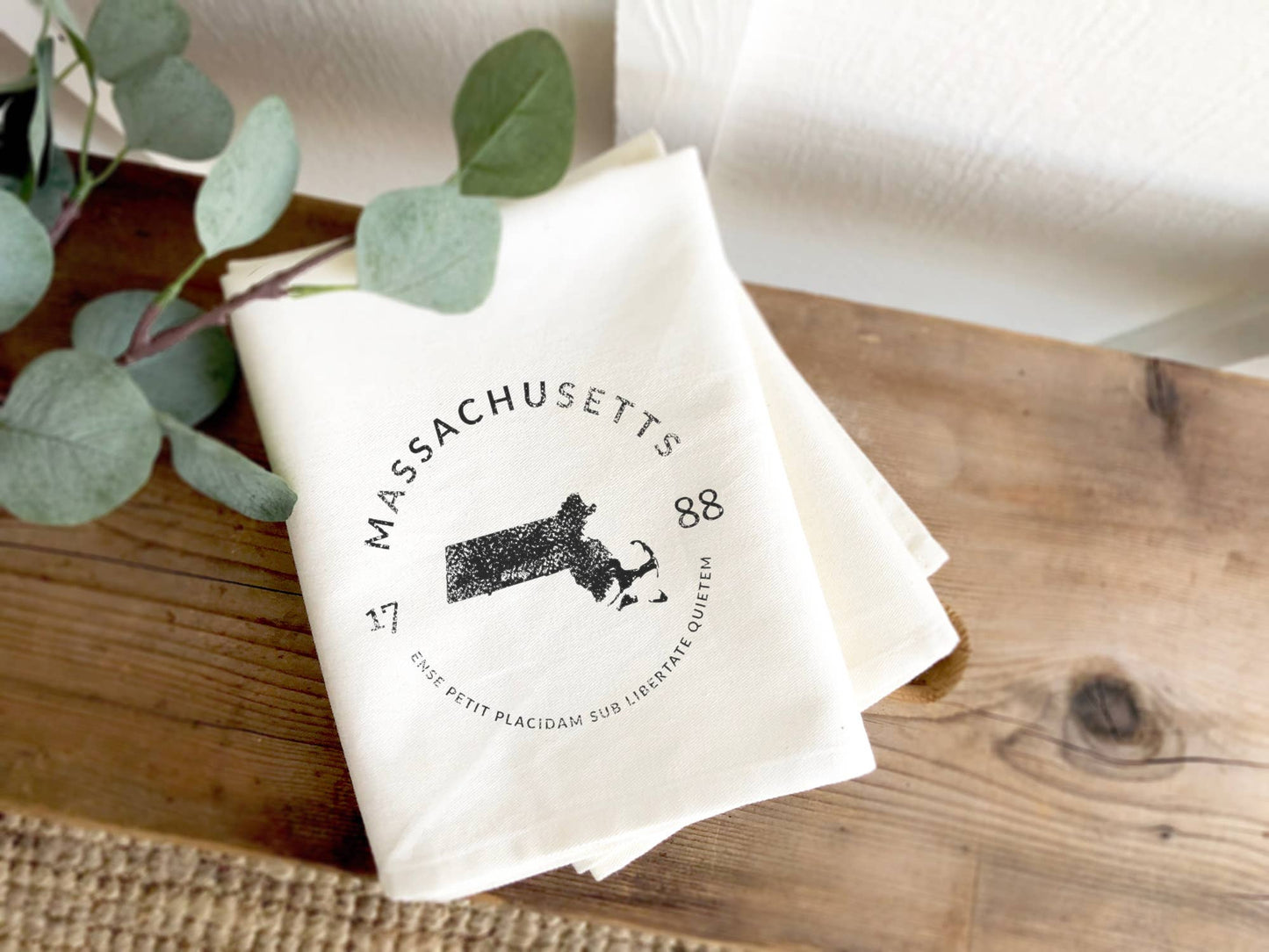 State Badge and Motto - Custom Cotton Tea Towel: Massachusetts