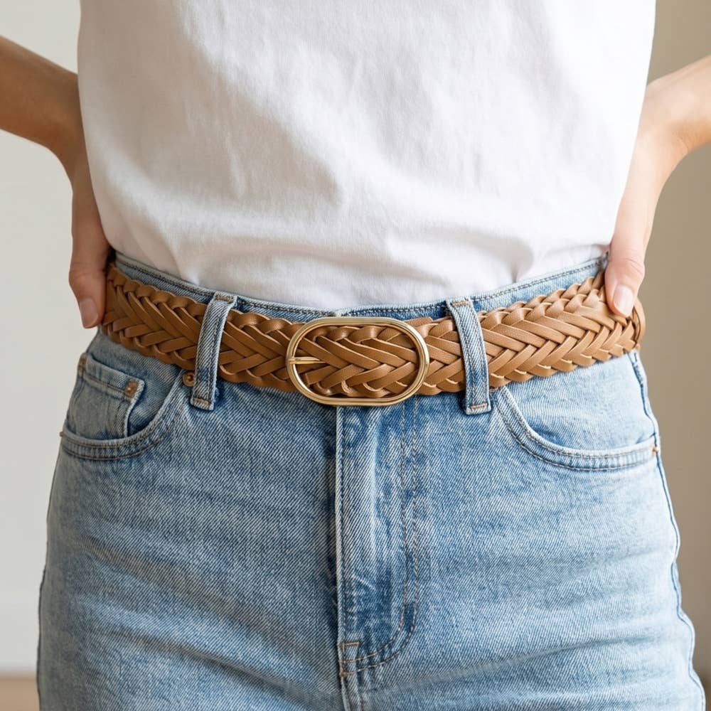 Wide Braided Vegan Leather Oval Buckle Belt: BR