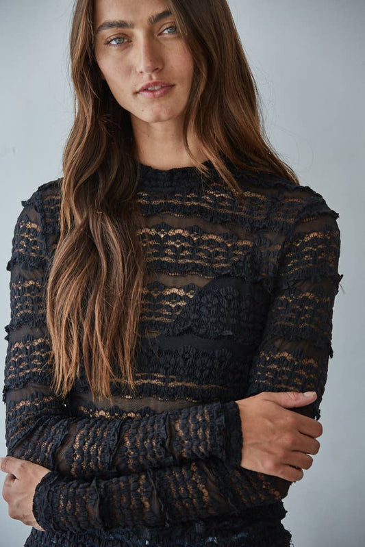 Woven Nylon Cotton Spandex Lace See Through Mock Top: Black