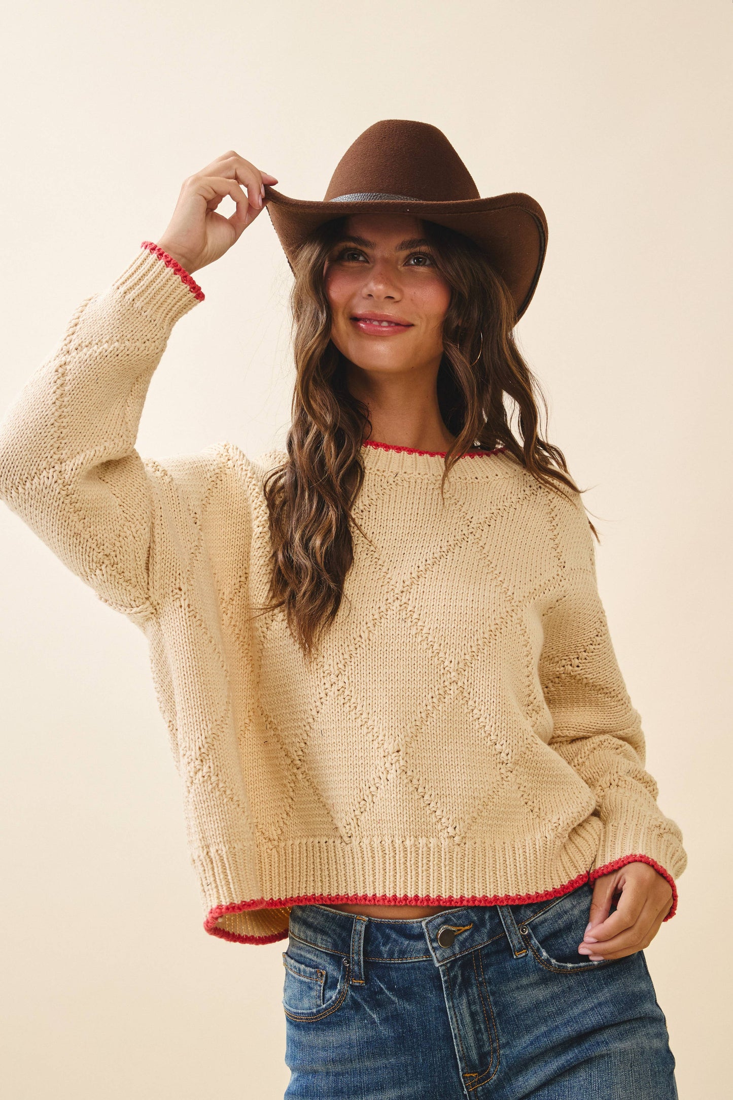 Diamond Knit Pullover Sweater: Oat